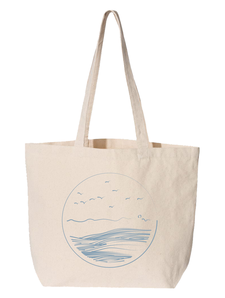 Fit everything you need into one compact place with a canvas tote bag with a hand drawn wave on it