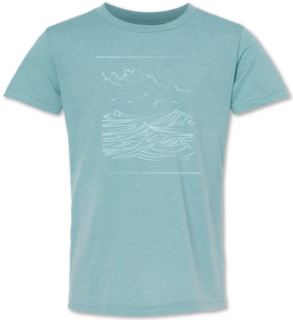 Handsome hand drawn ocean scenscape on a premium unisex tee shirt.