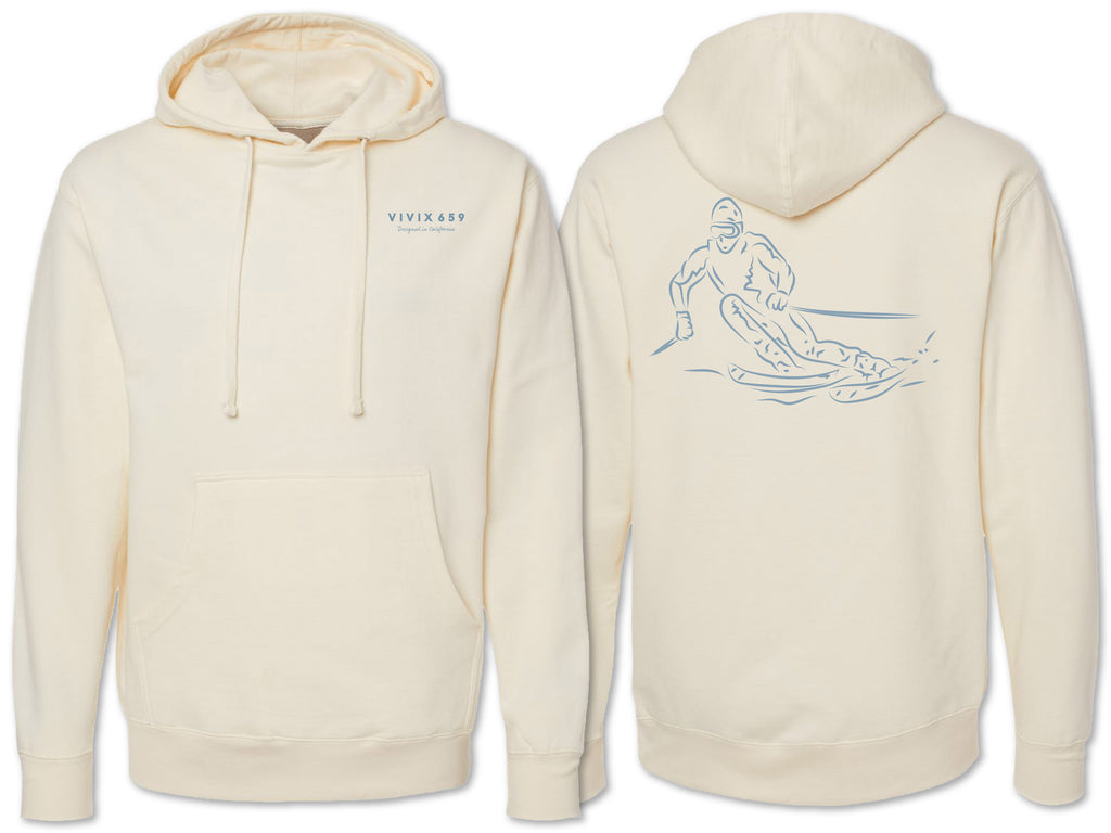 Front and back print of skier going down hill on a hooded sweatshirt that is hand drawn. 