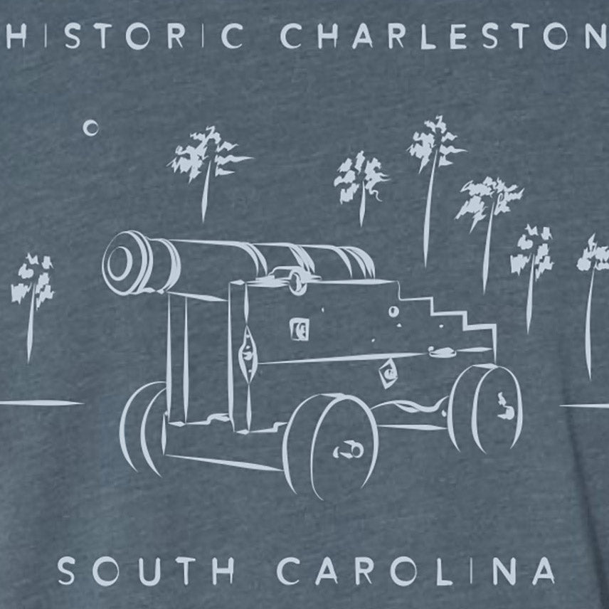 Close up of hand drawn artwork of cannons in Charleston, SC on premium unisex tee shirts 