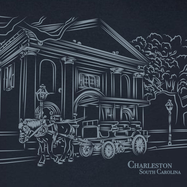 Close up of historic Charleston, SC with horses and horse drawn carriages for tee shirts 