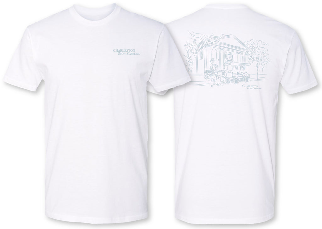 Hand drawn rendition of horse drawn carriages in Charleston, SC on a premium tee shirt