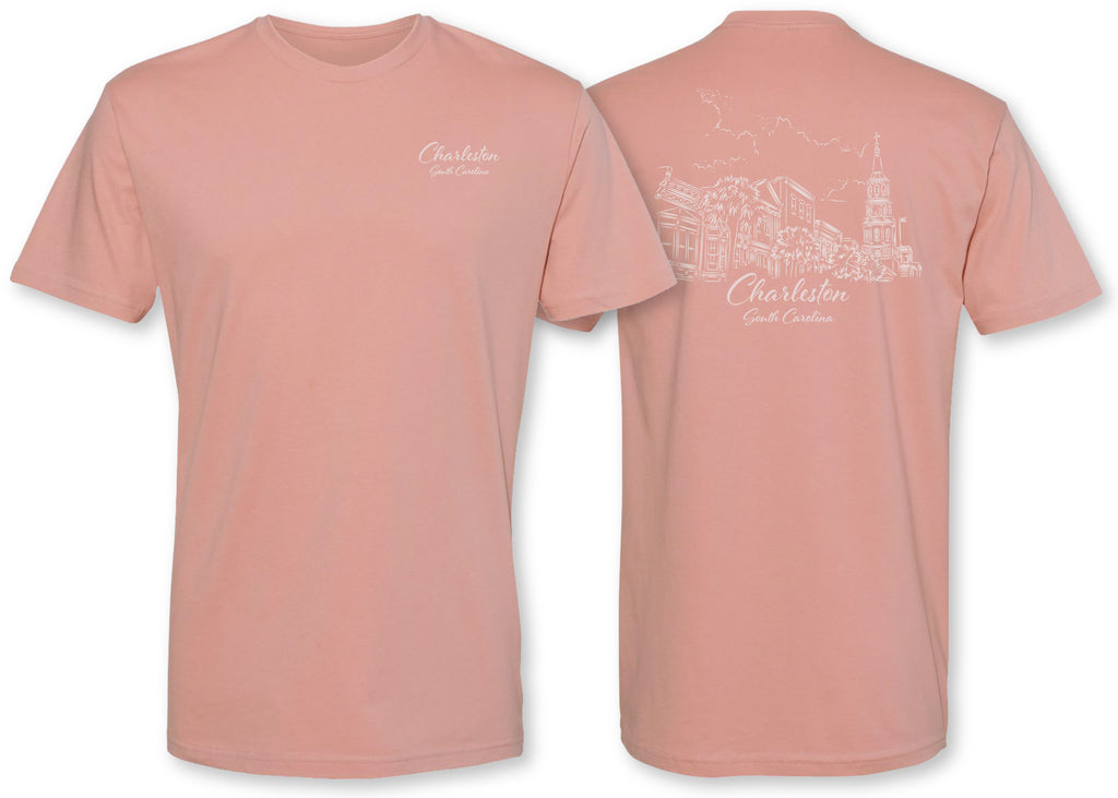 Handsome hand drawn rendition of St. Phillip’s Church in Charleston, South Carolina on a tee shirt. 