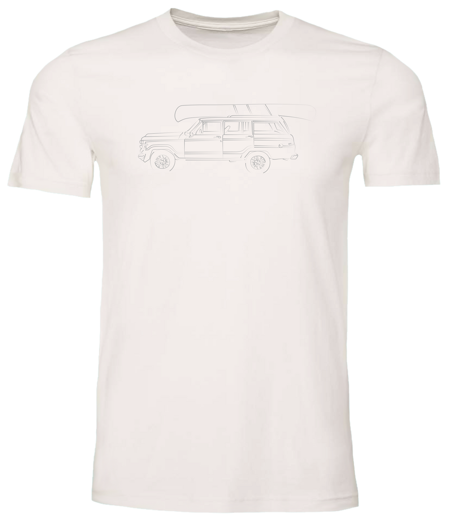 Hand drawn version of a Jeep Wagoneer on a men’s high quality tee shirt