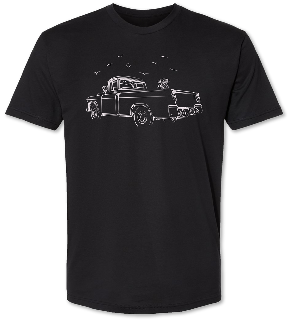 Hand drawn vintage Chevy Cameo with bull dog in the bed of the truck on a unisex tee shirt