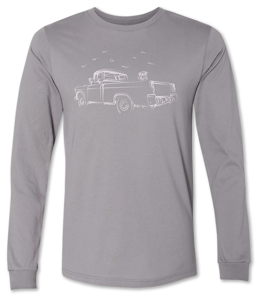 Hand drawn vintage truck with a bull dog on a premium long sleeve tee shirt