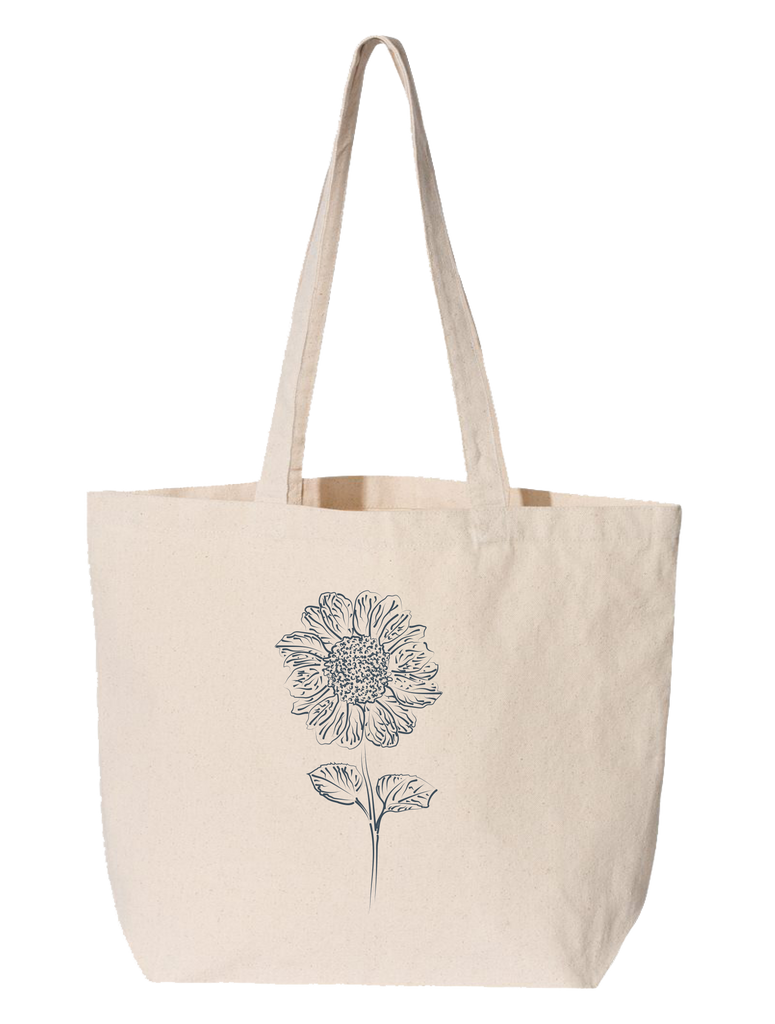 Canvas tote bag with a hand drawn sunflower on it
