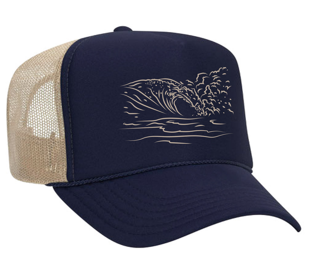 Unique two tone hat with a hand drawn wave on the front that is crashing on a premium foam hat