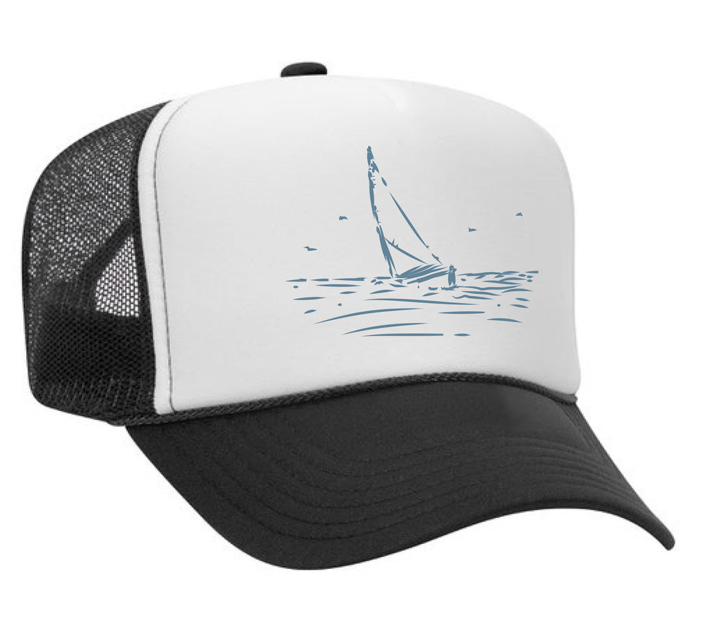 Beautiful hand drawn sail boat on a premium foam mesh hat for men and women