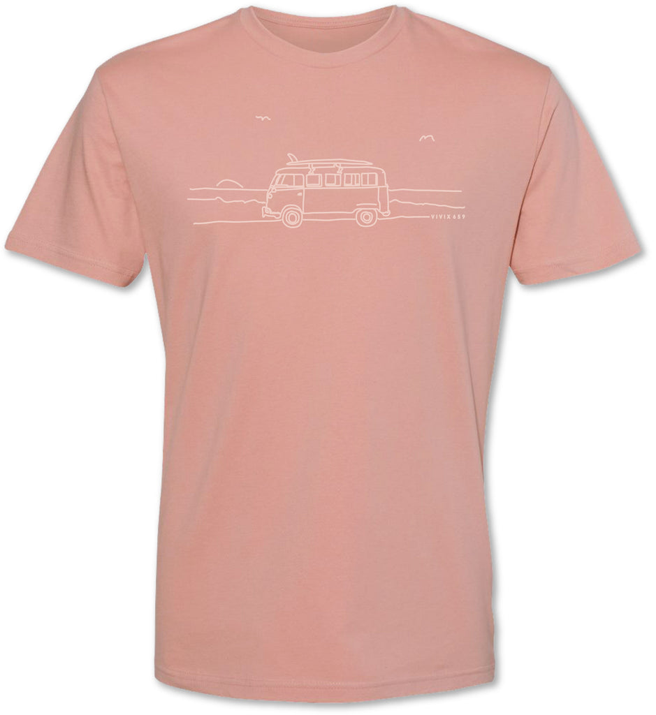 Vintage hand drawn rendition of a VW Bus on a premium short sleeve tee shirt 