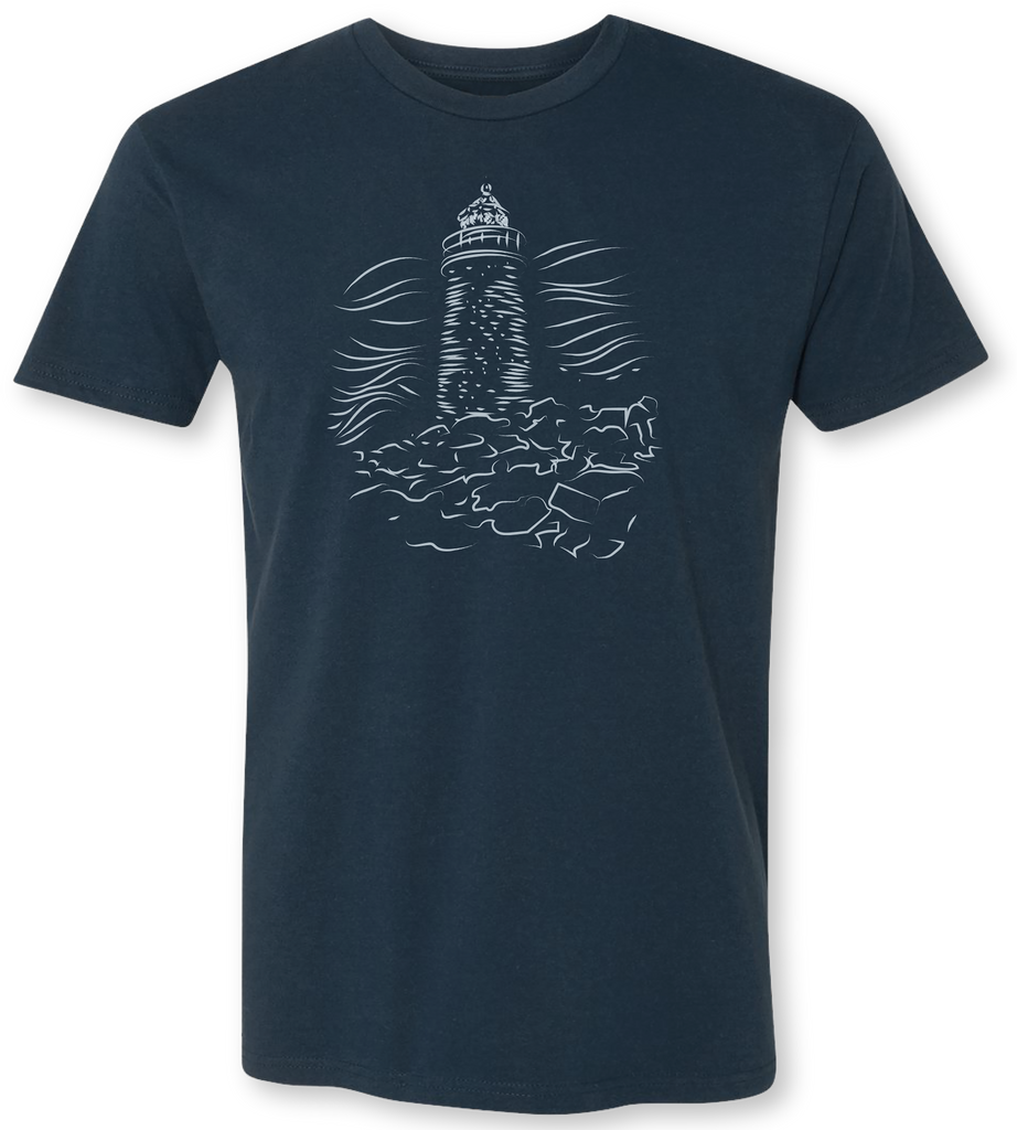 Hand drawn lighthouse on a premium men’s tee shirt