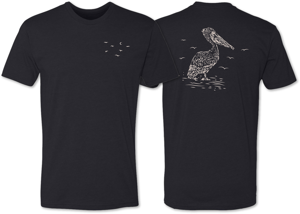 Handsome and detailed hand drawn pelican on the back and birds on the front on a premium tee shirt