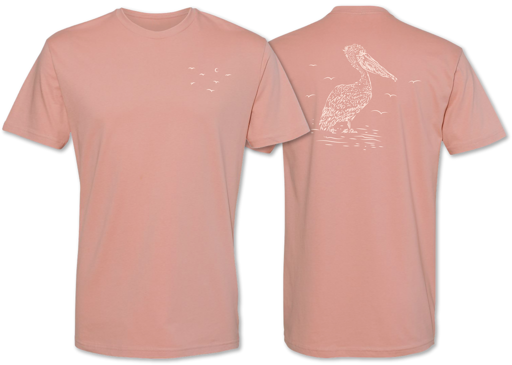 Hand drawn pelican on the front and back of a premium short sleeve men’s tee shirt