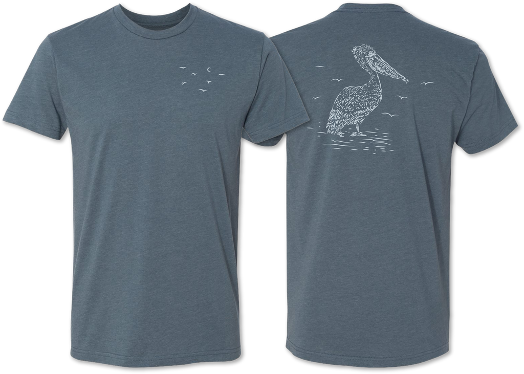 Quality short sleeve tee shirt with a hand drawn pelican with front and back prints