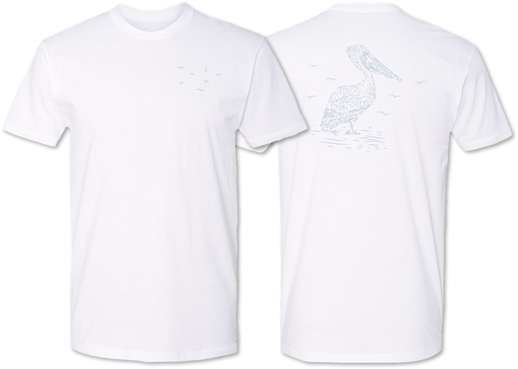 Detailed and unique hand drawn pelican on a premium short sleeve tee shirt