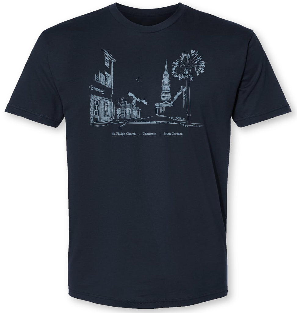 Unique and handsome hand drawn design of Charleston, SC’s St. Phillip’s Church on a tee shirt