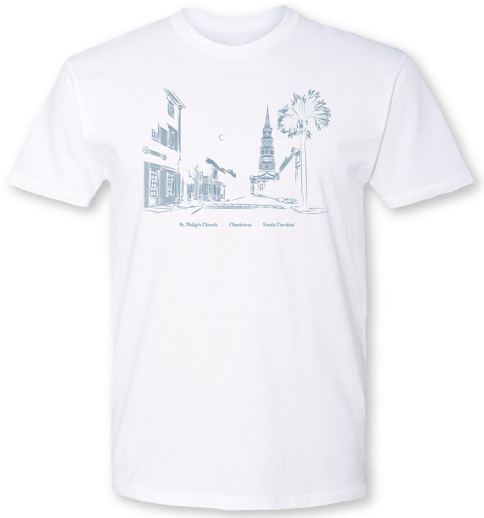 Beautiful rendition of St. Phillip’s Church in Charleston, SC on a premium unisex tee shirt