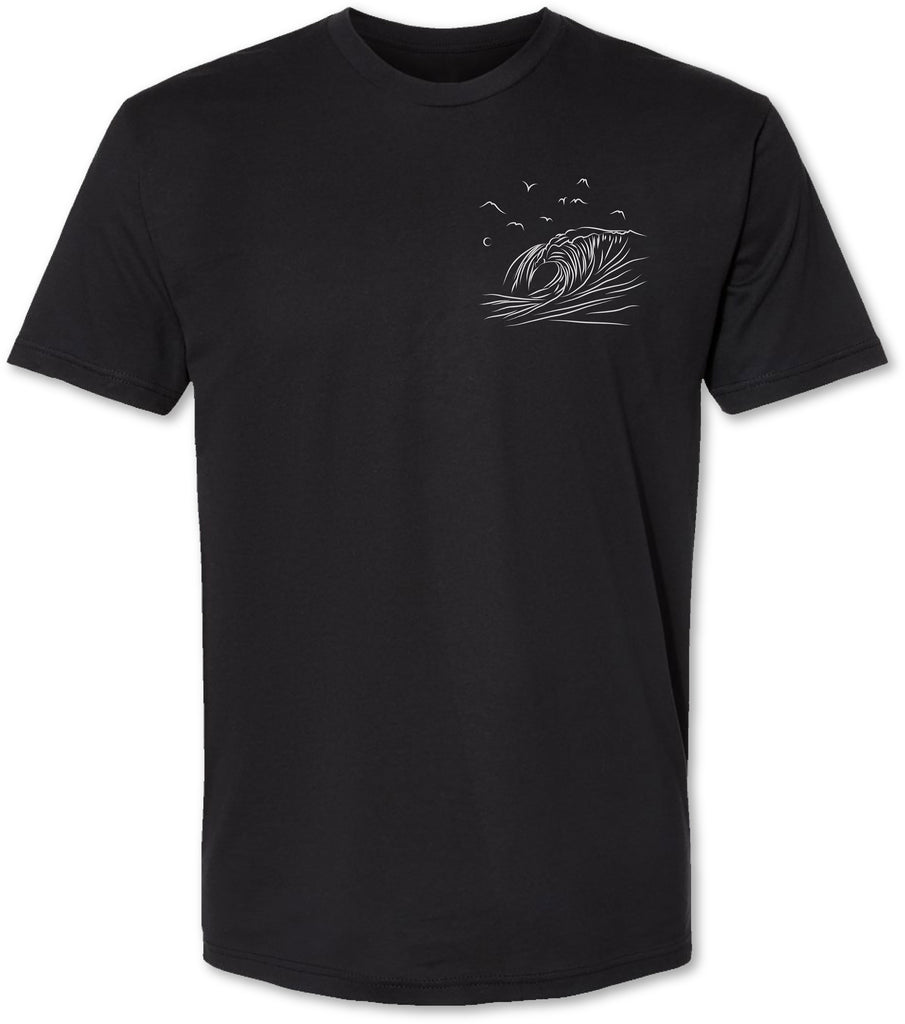 Small chest print of a hand drawn wave on a premium men’s tee shirt