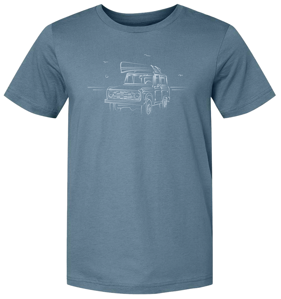 Hand drawn rendition of a Ford Bronco camping scene on a premium men’s tee shirt
