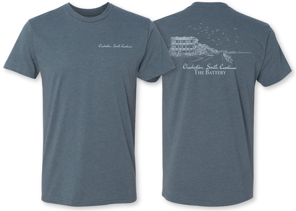 Premium tee shirt with a hand drawn rendition of the Battery in Charleston, SC