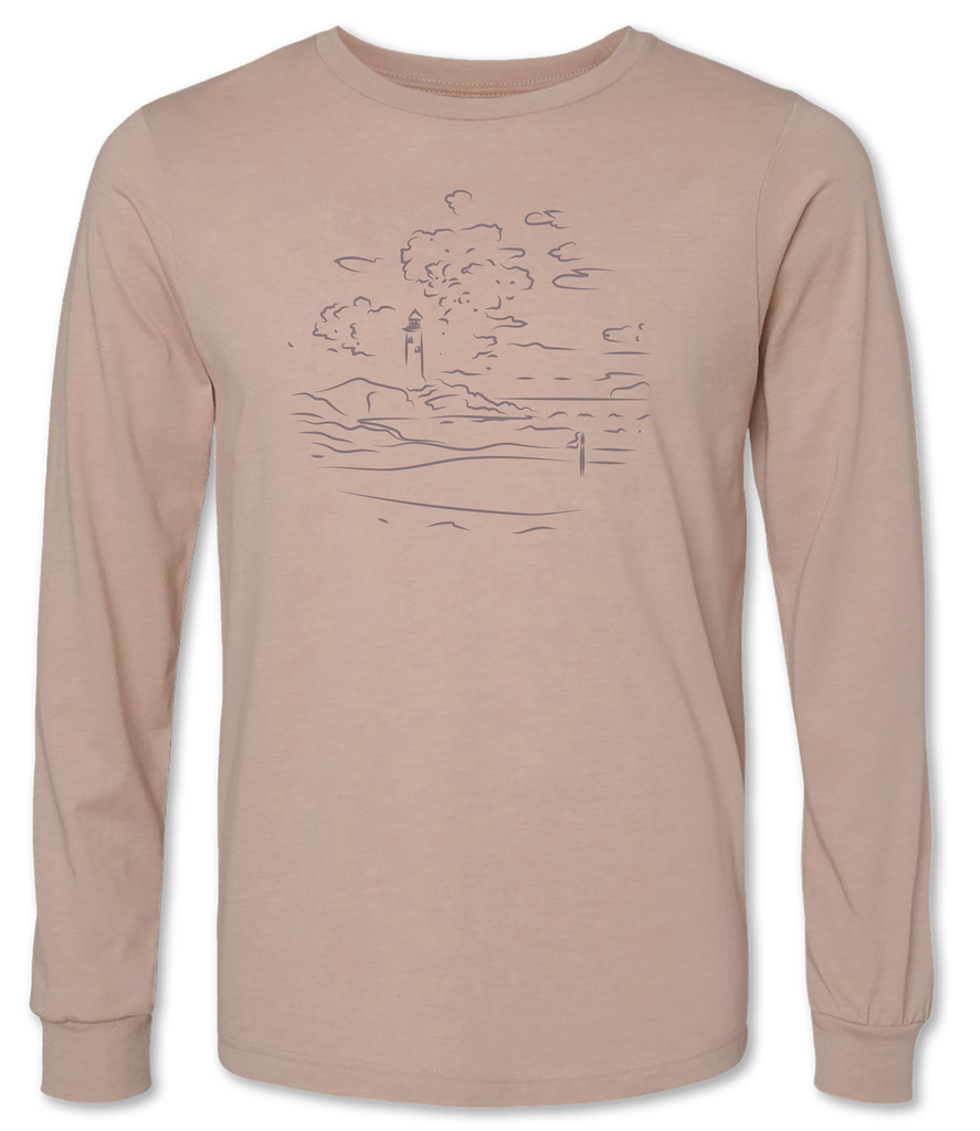 Creative and detailed hand drawn golf course rendition on a premium long sleeve tee shirt 