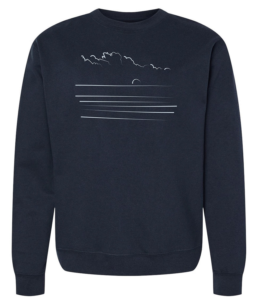 Hand drawn art of an ocean sea scape on a men's crew neck sweater