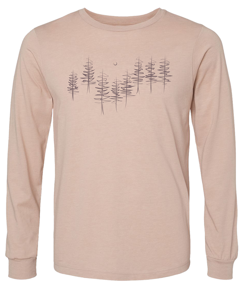 Hand drawn pine trees on a long sleeve tee shirt