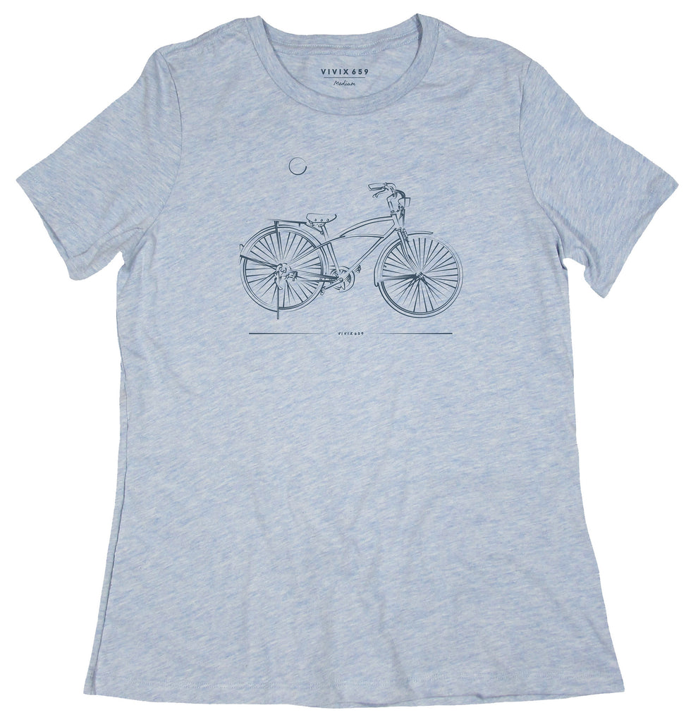 Artistic rendition of a hand drawn bike on a women's tee shirt