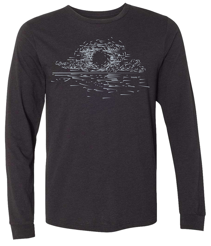 Men’s hand drawn rendition of a sunrise on a long sleeve tee shirt