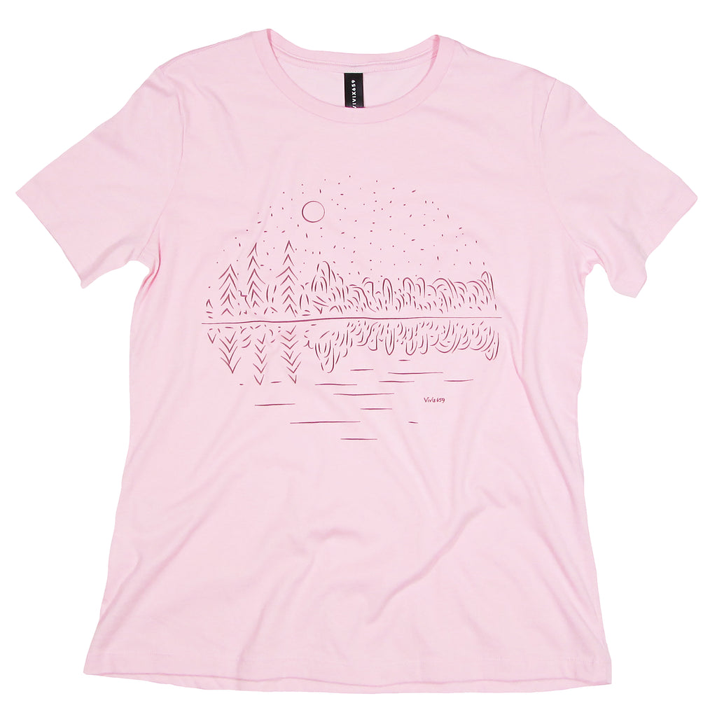 Hand drawn rendition of a lake with trees reflecting on it on a women's tee shirt