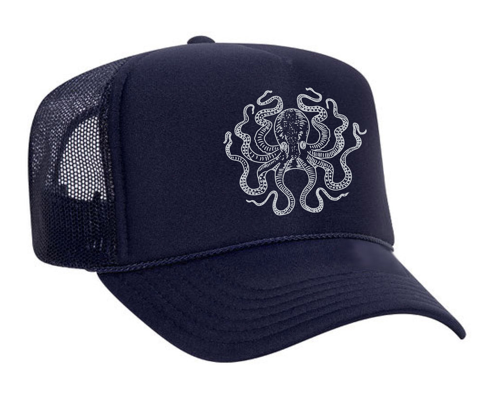 Artistic rendition of an octopus on a unisex mesh hat