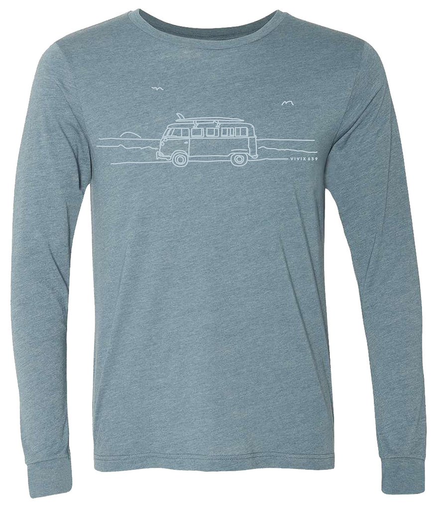 Men’s hand drawn artistic rendition of a Volkswagen Bus on a long sleeve tee shirt