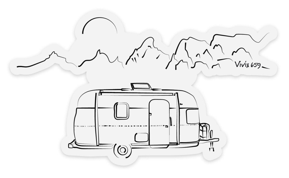 Quality American made sticker of a camper and mountains 