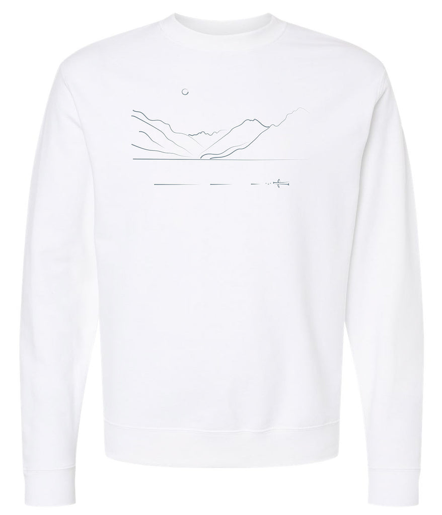 Person Canoeing in the Mountains on a crew neck sweater