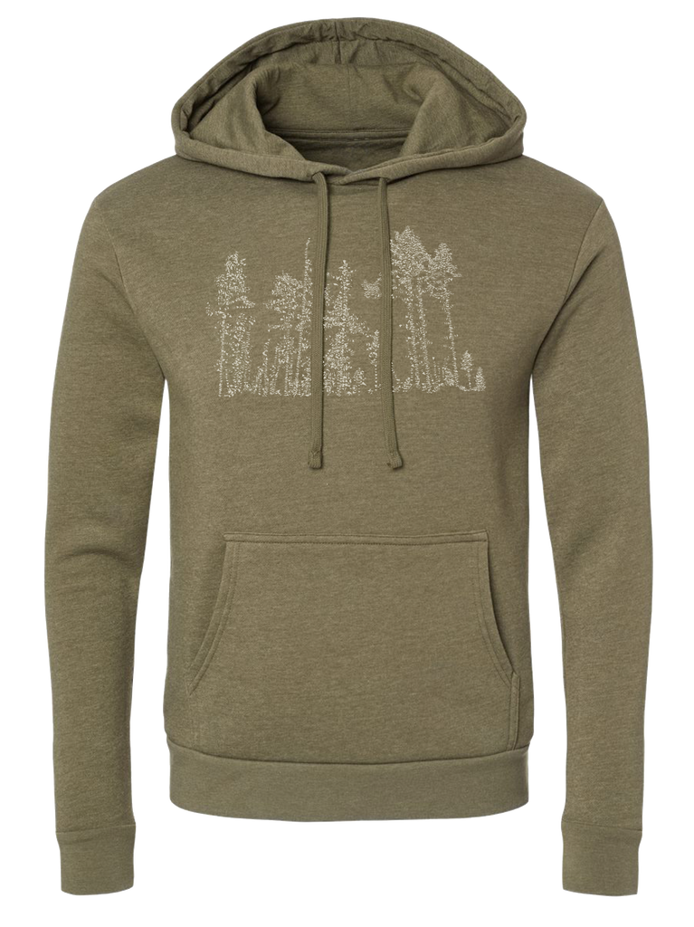 Hand drawn pine trees on a fleece hooded sweater 