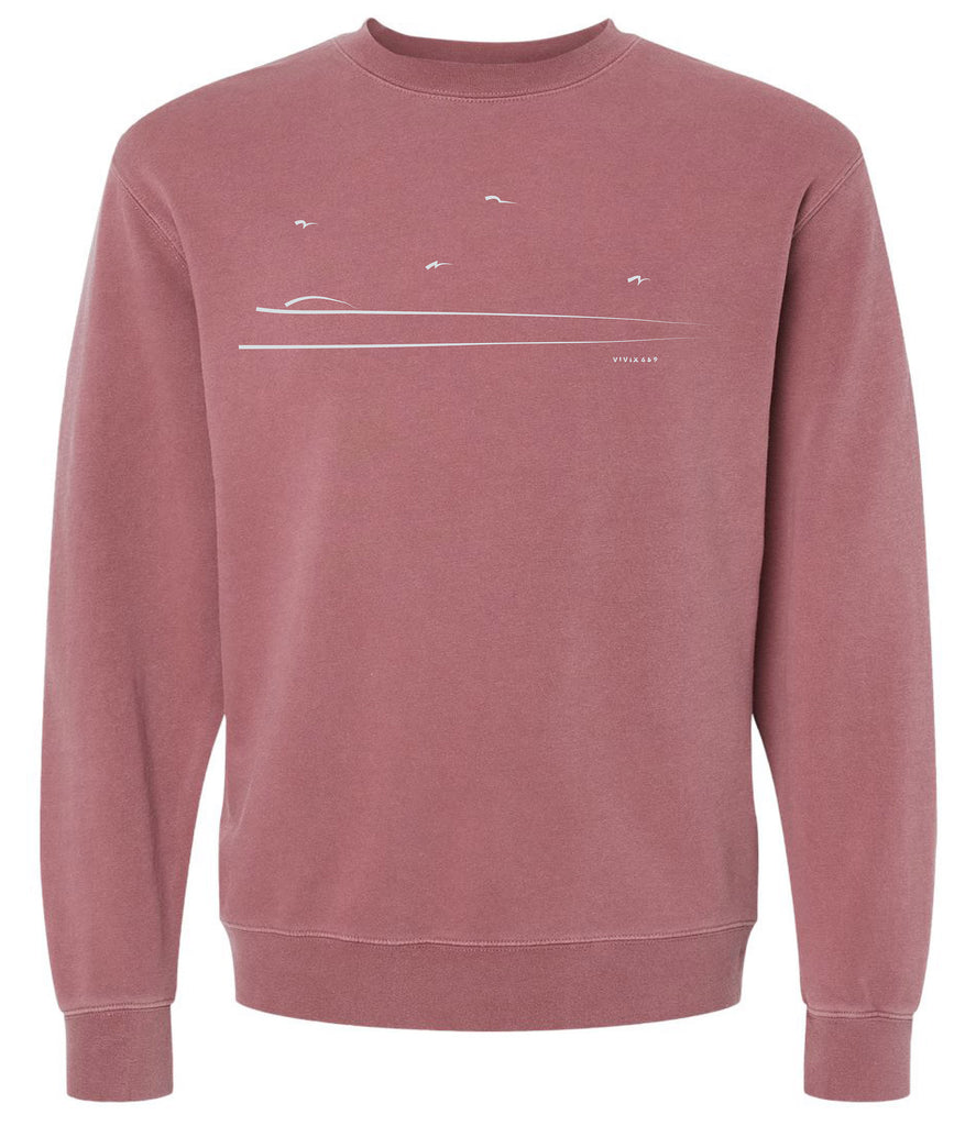 Pigment dyed crew neck sweater with a hand drawn rendition of a shore line
