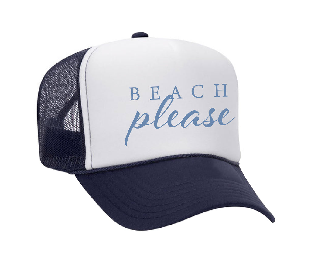 Fun and flirty Beach Please saying on a unisex two tone mesh hat