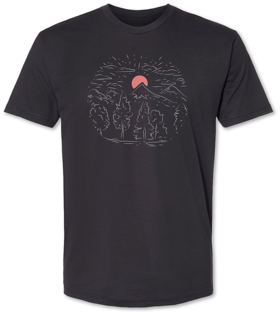 Hand drawn men’s premium tee shirt with pine trees, mountains and the sun
