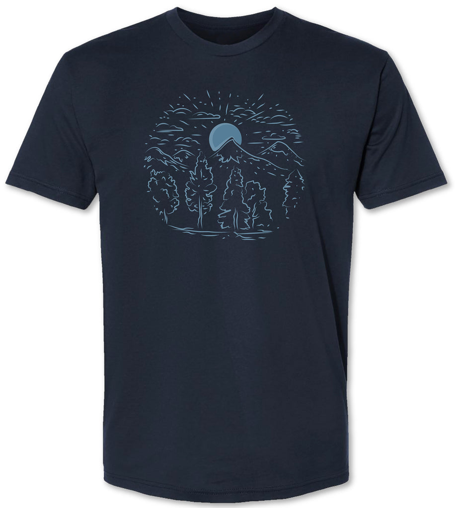 Hand drawn mountain scene on a premium tee shirt