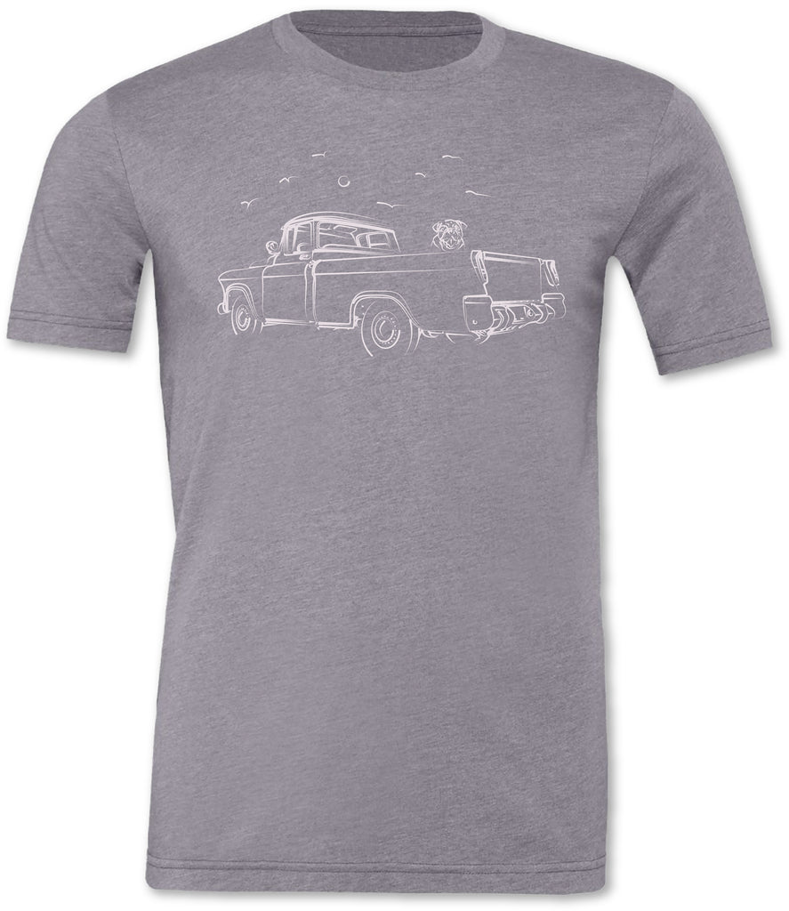 Vintage hand drawn Chevy Cameo with a bull dog in the bed of the truck on a premium men’s tee shirt 