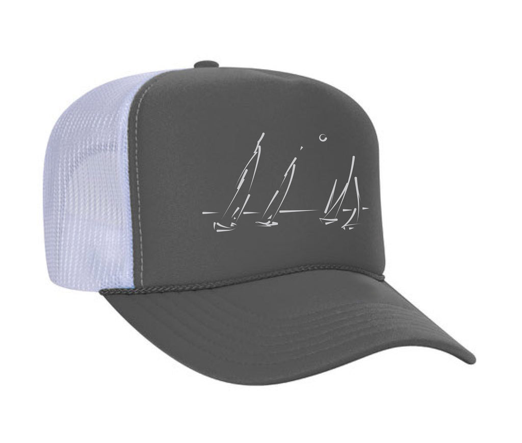 Hand drawn sail boats on a premium mesh foam cap for men and women 