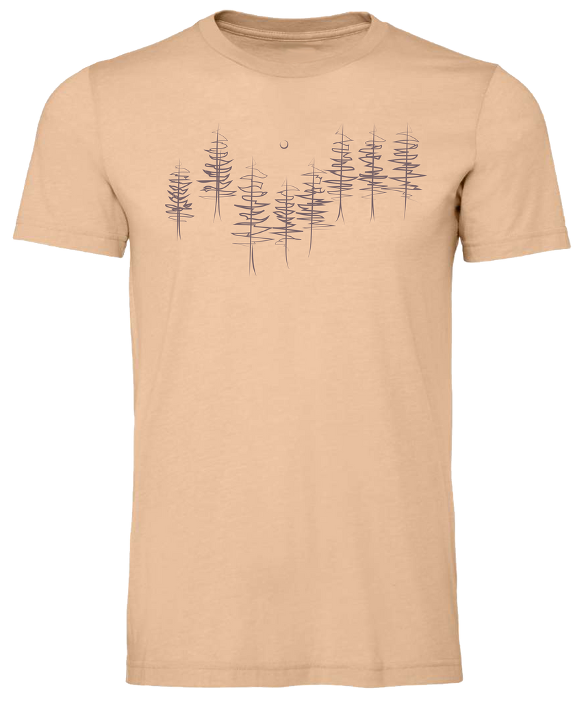 Hand drawn rendition of pine trees on a unisex premium tee shirt 