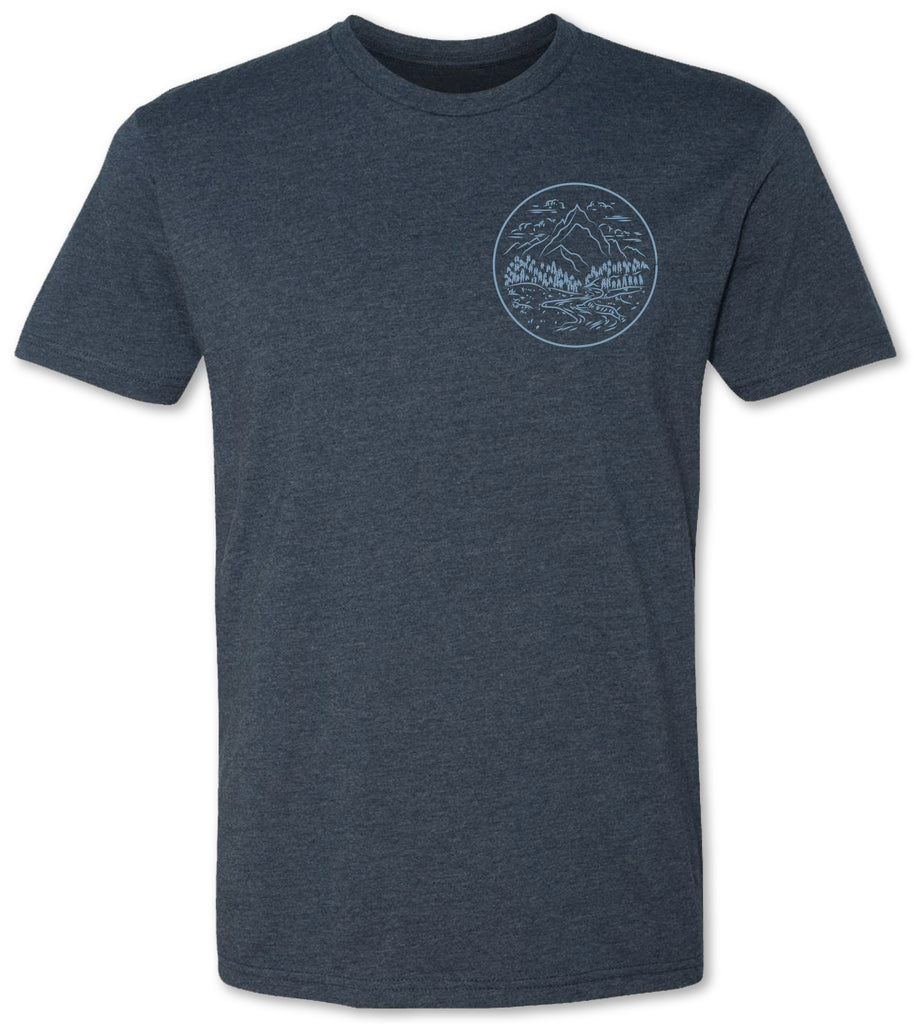 Premium tee shirt with unique mountains and pine trees for men and women.