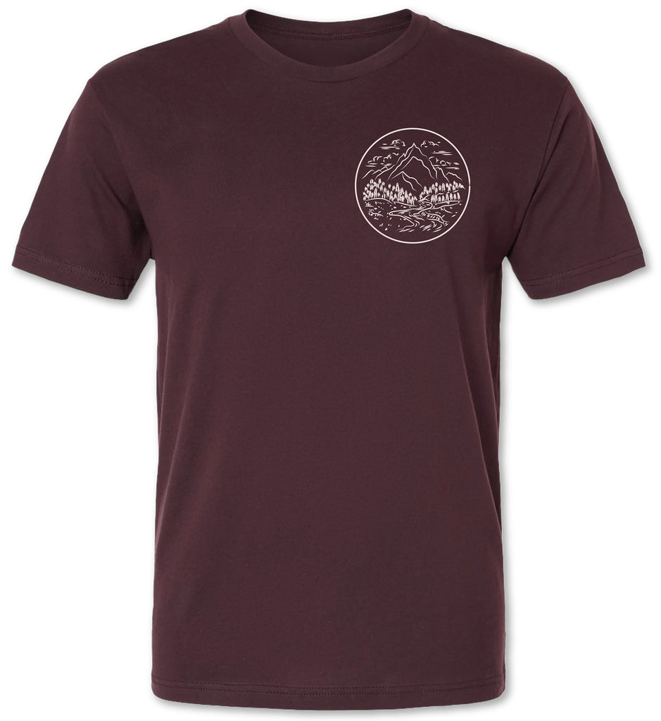 Hand drawn mountain and pine tree tee shirt for men.