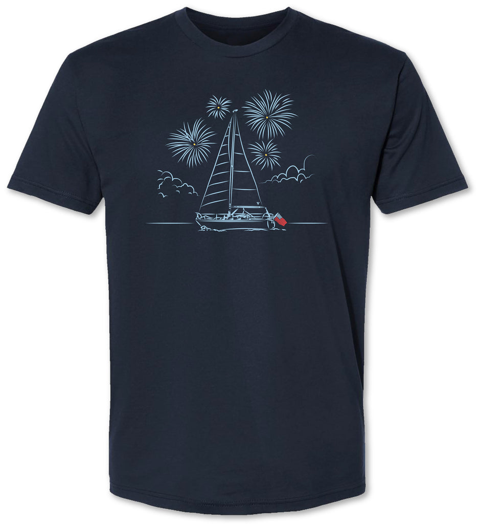 Sailboat with and American flag on it with fireworks on a premium tee shirt