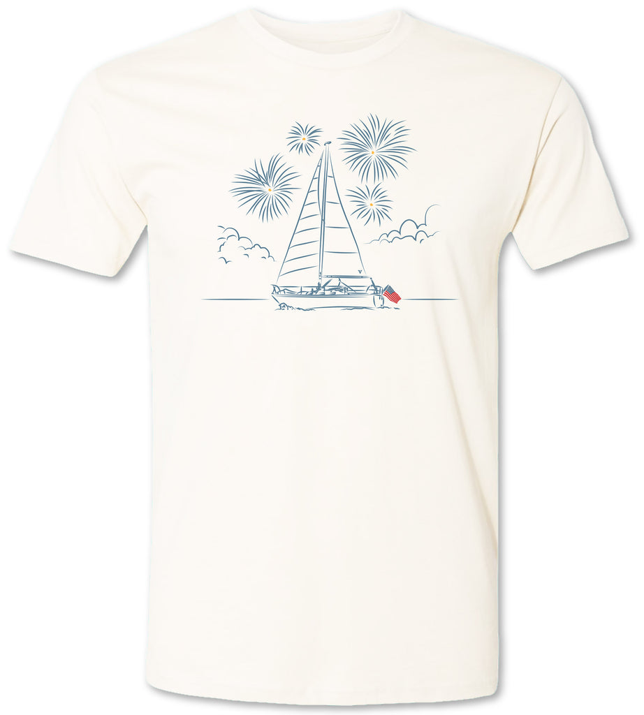 Hand drawn sailboat boat on the water on a premium men’s tee 