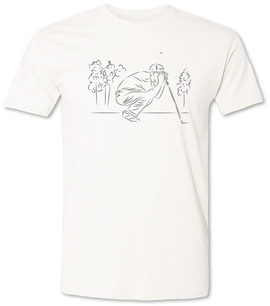 Premium men’s and women’s tee shirt with a hand drawn golfer on it