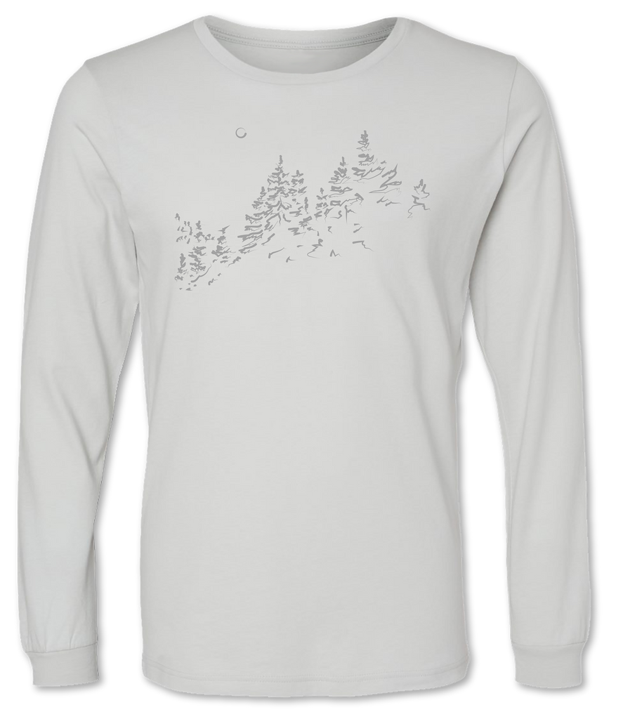 Premium long sleeve unisex tee shirt with pine trees on it