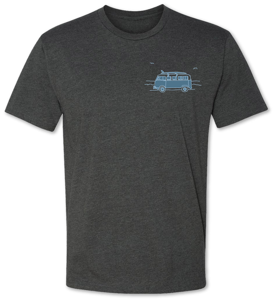 Small Volkswagen Bus on the chest on a premium men’s tee shirt