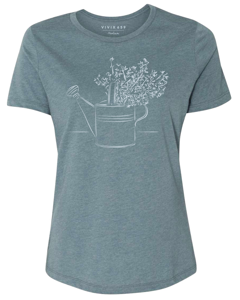 Watering can with flowers on a premium tee shirt 